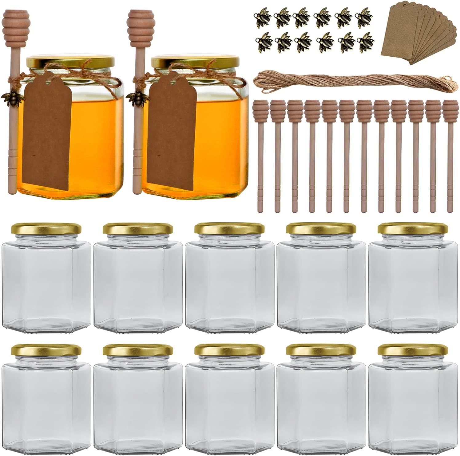 12 oz Hexagon Honey Jars with Gold Lids